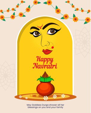 Mutlu Navratri Hint festivali tanrıçası Durga maa ve kalash rangoli