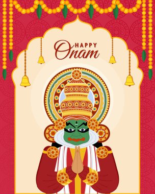 Happy Onam kathakali dancer in traditional costume kerala festival garland decoration clipart