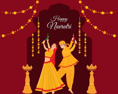 happy Navratri couple playing dandiya in garba night navratri dussehra festival of india clipart