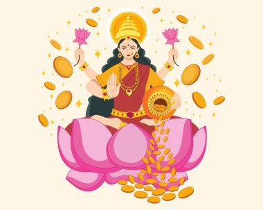 Indian festival dhanteras goddess Lakshmi laxmi maa with golden kalash coins pot happy diwali clipart