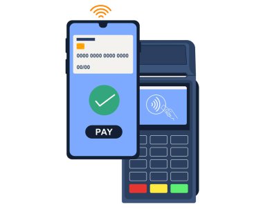 Cep telefonu dijital aktarımı ve NFC teknoloji vektör ilüstrasyonu ile kablosuz ödemeler