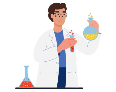 Laboratuvarda deney tüpleri ve şişe vektör illüstrasyonuyla kimyasal deneyler yapan bilim adamı.