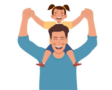 Baba, kızını sırtında taşıyor. Sevgi ve neşe verici vektör çizimi.