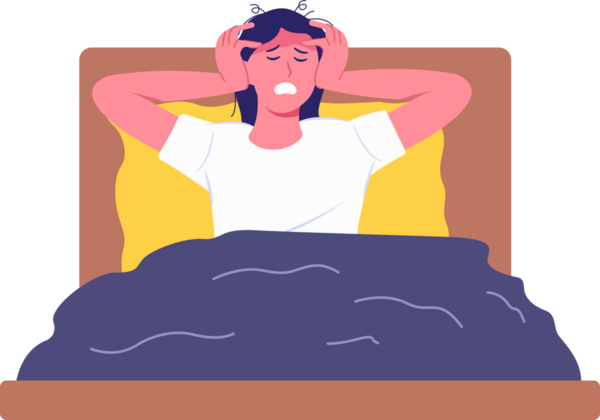 Kadın geceleri yatağa uzanıyor ve elleri uykusuzluk hastalığıyla boğuşurken başını tutuyor.