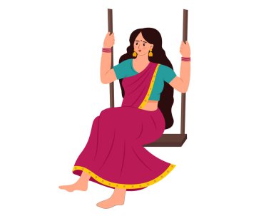 Güzel Hintli kadın Salıncak Hariyali Teej Hint festivali çiziminin keyfini çıkar