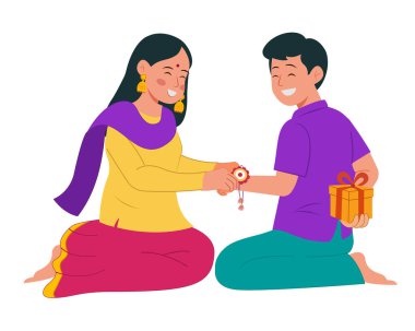 Raksha Bandhan 'ı kutlayan kardeş ve kardeş Hindistan vektör illüstrasyonu festivali