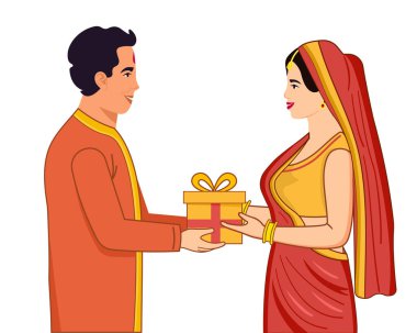 Hintli erkek kardeş raksha bandhan kutlama vektör çizimi sırasında kız kardeşine hediye veriyor.