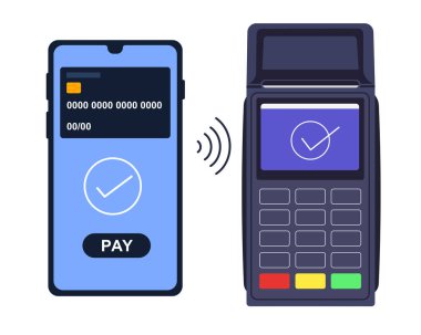 Telefon, NFC Terminali teknolojisi konsept illüstrasyonunu kullanarak ücretsiz ödeme yapıyor.