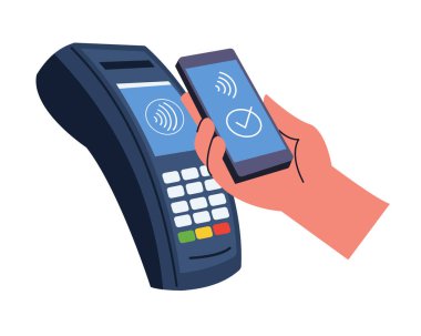 POS terminali kablosuz ve NFC teknoloji vektör illüstrasyonu ile mobil işlemler ile irtibatsız ödeme