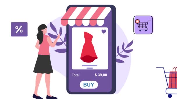 Frau Online Einkaufen Modegeschäft App Commerce — Stockvideo