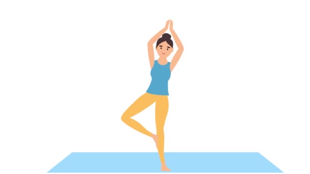 Mujer Haciendo Yoga Meditación Árbol Pose Yoga Respiración Ejercicio Animación — Vídeos de Stock