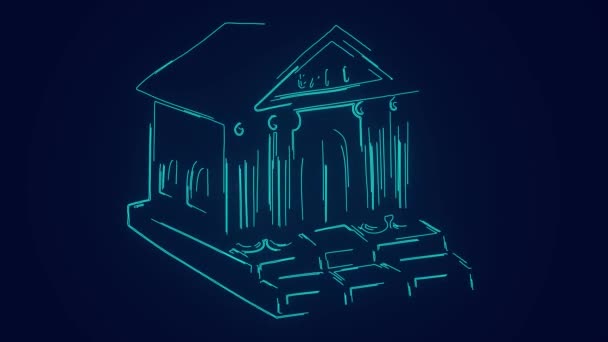 Cyfrowa Bankowość Budynkiem Banku Futurystycznej Animacji Neonowej — Wideo stockowe