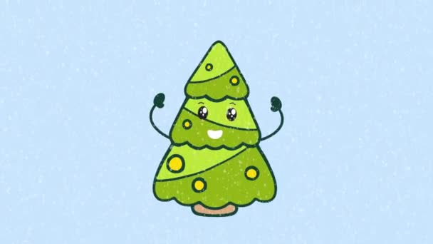 Frohe Weihnachten Festival Niedlichen Weihnachtsbaum Tanzen Schneefall Animation — Stockvideo