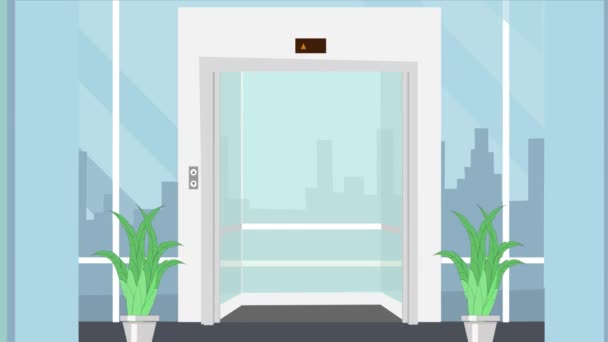Ouverture Fermeture Porte Ascenseur Animation Avec Fond Paysage Urbain Verre — Video