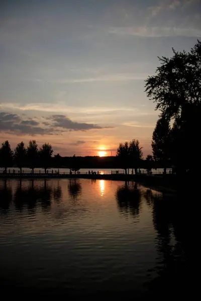 sunset over the lake and city, trees in the foreground