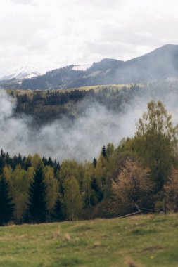 Uzakta bulutlu bir gökyüzü ve dumanı olan bir sıradağ.