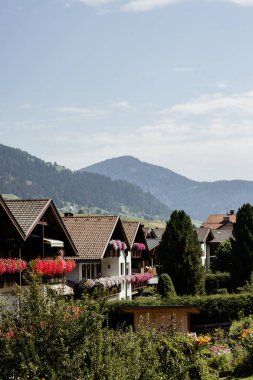 Evleri ve arka planda bir dağı olan küçük bir kasaba. Evler küçük ve kırmızı çatıları var. Evler yemyeşil bir bahçeyle çevrili.