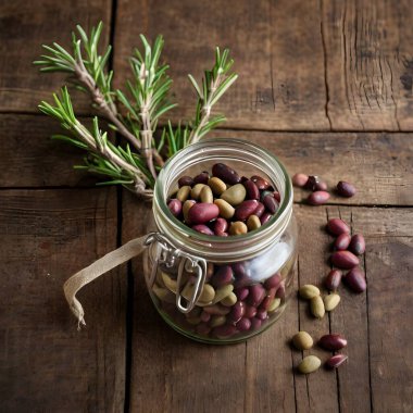 Kırsal ahşap bir yüzeye yerleştirilmiş kırmızı, mor ve sarı çeşitleri de içeren çeşitli renkli fasulyelerle dolu cam bir kavanoz. Taze biberiye tomurcukları yakınlarda, doğal temayı geliştiriyor..