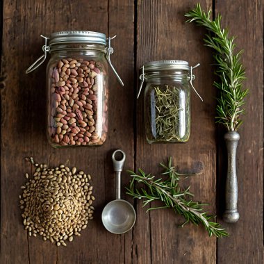 Çeşitli tohum ve otlarla dolu kavanozlarla dolu kırsal ahşap bir masa. Bir kavanozda renkli fasulyeler, diğerinde ise kurutulmuş bitkiler var. Çevrelerinde gevşek tohumlar ve taze biberiye filizleri var. Doğal ve organik bir atmosfer yaratıyorlar..