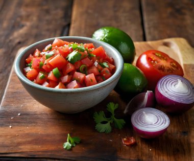 Bir kase taze domates, soğan, kişniş ve kireçle yapılmış ev yapımı salsa, ahşap kesim tahtasına konmuş domates, limon ve yarım kırmızı soğan..