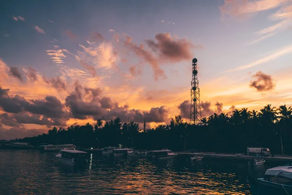 在一个布满小客船 汽艇和汽艇的岛上码头上 拍摄了一个壮观的日落天空的广角镜头 背景上有棕榈树的轮廓和一座通信塔 — 图库照片