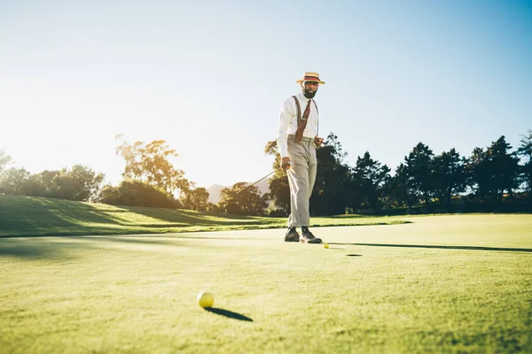 View Elegant Mature African American Male Golfer Fashionable Outfit Suspenders — Stock Photo, Image