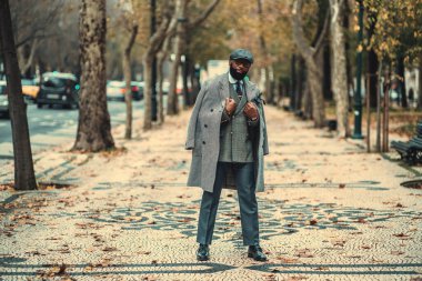 A dandy black man in a grey chequered vest and wool-blend coat, tailored trousers, and a beret, standing on the paving stone filled with orange leaves on a city alleyway surrounded by trees and cars