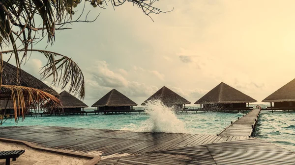 Wide Angle View Villa Typical Bungalows Maldivian Luxury Resort Seawater — Stock Photo, Image
