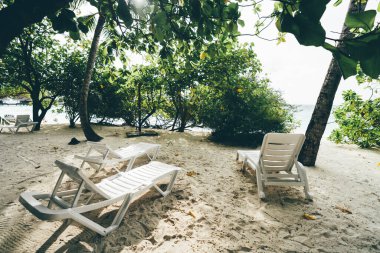 A wide-angle view of white beach loungers on the beach sand with varied tropical trees that create shade and give a sense of exclusivity to the resort area in the Maldives islands