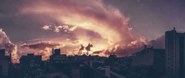 Panoramic Shot Dramatic Sunset Lisbon Silhouettes Residential Office Houses Panorama — 图库照片