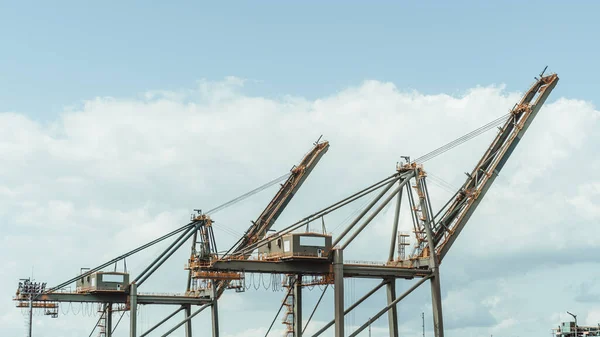 Scene of a couple of huge yellow container handling cranes at a port at the bustling dockside of Rio de Janeiro, Brazil. They stand tall, contrasting with the dramatic cloudscape