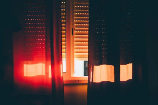 Afternoon Bedroom Drenched Warm Orange Glow Sunlight Seeps Partly Drawn — Stock Photo, Image