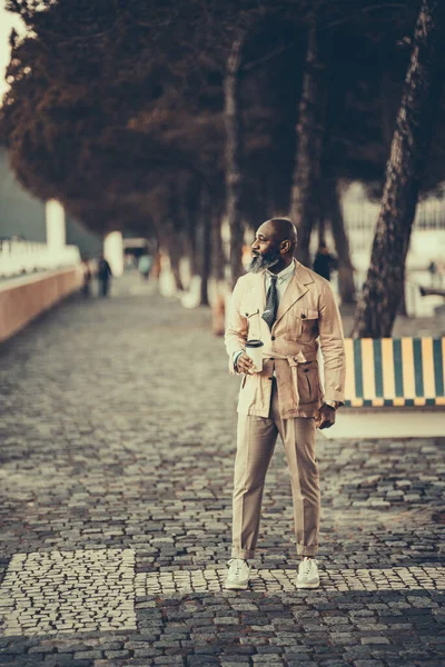 Sophisticated Bald Unshaven Black Bearded Man Beige Trousers Jacket Looks — Stock Photo, Image
