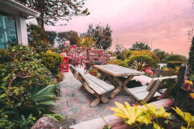 Saf ahşap bankları ve canlı yeşillik ve dekoratif bitkilerle çevrili masaları olan rahat bahçe verandası rüya gibi pembe bir gökyüzünün altında açık hava yemek ve rahatlama için mükemmel.