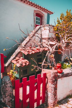 Portekiz, Aldeia da Mata Pequena 'da parlak ve renkli kırsal manzara, canlı kırmızı ahşap kapılı, geleneksel kiremit çatılı, çıplak ağaç dalları, ve büyüleyici kırsal mimarisi