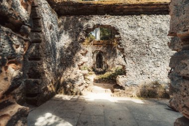 Kemerli Gotik pencereleri olan kadim bir taş kalıntısının içi. Parçalanmış duvarlar ve aşırı gelişmiş yeşillikler. Portekiz, Sintra 'da mistik ve tarihi bir atmosfer yaratıyor.