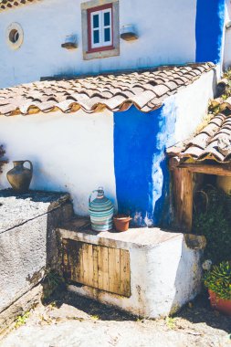 Aldeia da Mata Pequena 'da geleneksel beyaz boyalı ev. Kırsal terracotta çatısı, mavi duvar aksanı, klasik çömlek ve parlak güneş ışığıyla aydınlatılan taş detaylar.