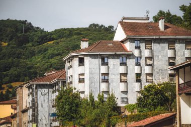İspanya 'nın Tineo kasabasında aydınlık taştan cepheleri ve kırmızı kiremitli çatıları olan modern meskun binalar, berrak kırsal bir alanda gün ışığı altında yemyeşil tepelerle çevrili.