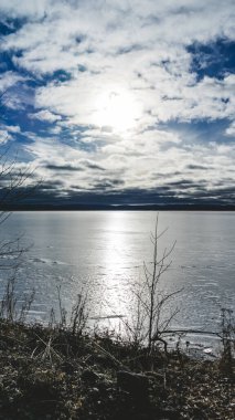 Ağaçlı kış manzarası, kar ve donmuş Altın Göl, Ontario, Kanada