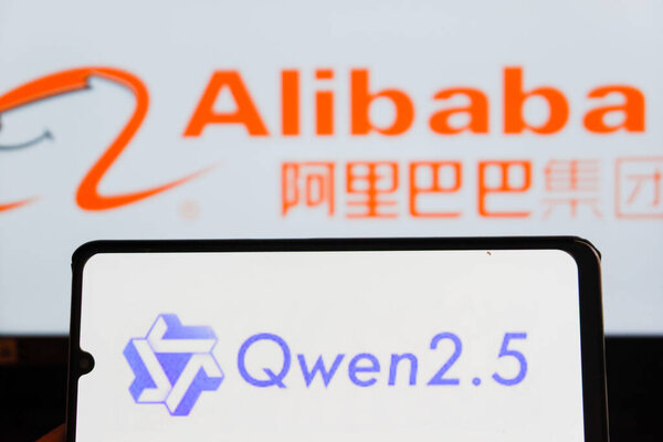 Bandung, Indonesia - September 24, 2025: In this photo illustration, QWEN AI logo is displayed on a smartphone with Alibaba logo in the background.