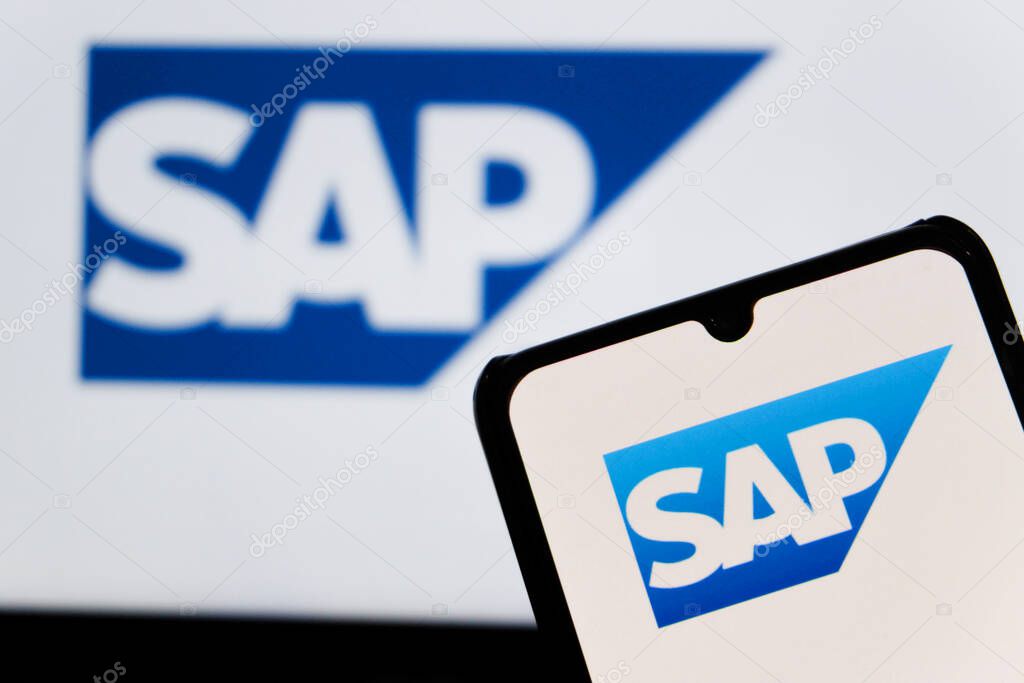 Bandung, Indonesia - September 24, 2025: In this photo illustration, SAP logo is displayed on a smartphone.