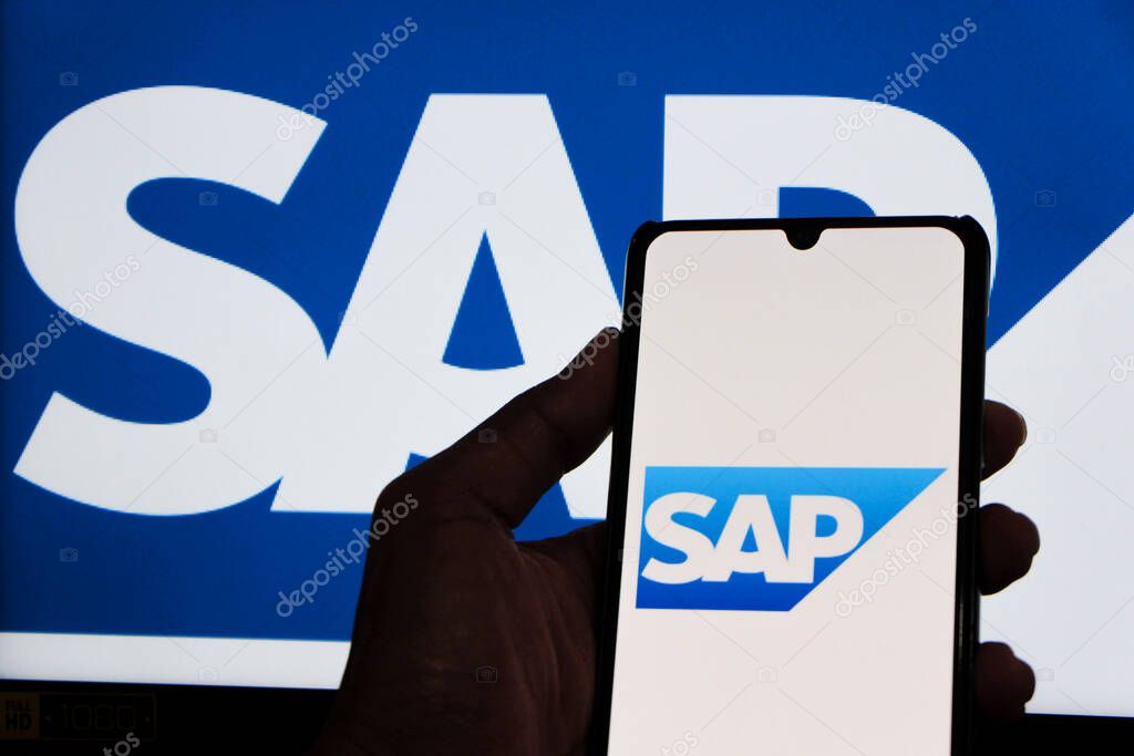Bandung, Indonesia - September 24, 2025: In this photo illustration, SAP logo is displayed on a smartphone.