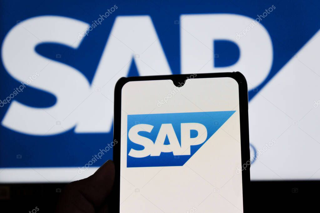 Bandung, Indonesia - September 24, 2025: In this photo illustration, SAP logo is displayed on a smartphone.
