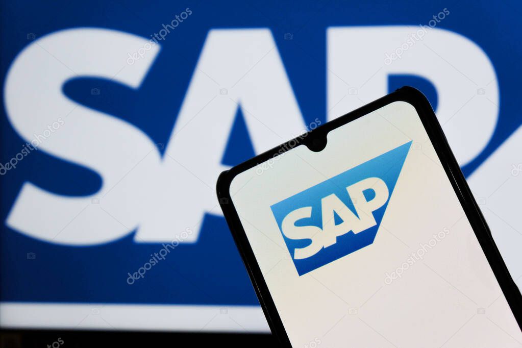 Bandung, Indonesia - September 24, 2025: In this photo illustration, SAP logo is displayed on a smartphone.