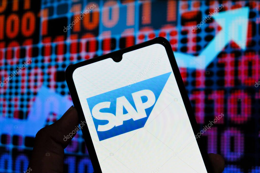Bandung, Indonesia - September 24, 2025: In this photo illustration, SAP logo is displayed on a smartphone.