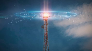 5G 4G telekomünikasyon kulesi. Telekom Anten ve Uydu Mobil Sinyalleri ve Radyo Dalgaları Animasyon konsepti. Radyoaktif Kirlilik ve faşizm kitleleri kontrolü ele geçirdi