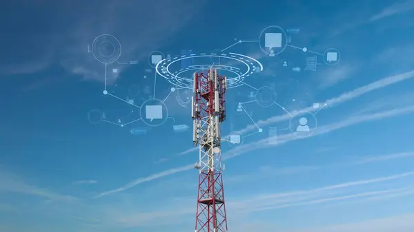 モノのインターネット ブロックチェーンコンセプト 通信5Gトランスミッションタワー — ストック写真