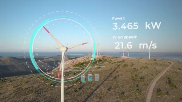 Generator Wiatraków Wyświetlaczem Danych Hud Infografiką Mocy Prędkości Wiatru — Wideo stockowe