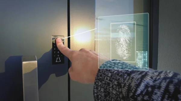 Smart home, fingerprint recognition technology, unlocking door concept. Graphics