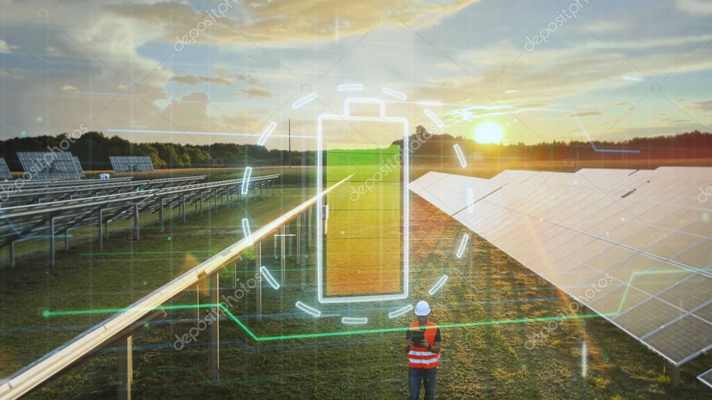 Engineer at solar panel power station checking the efficiency of the cells with smart tablet device. Graphic of Battery charging logo